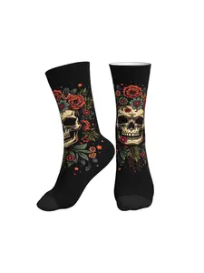 1 Pair Crew Socks Day of the Dead Sugar Skull Floral Print, Edgy Street Style, Unisex for Halloween & Trendy Outfits