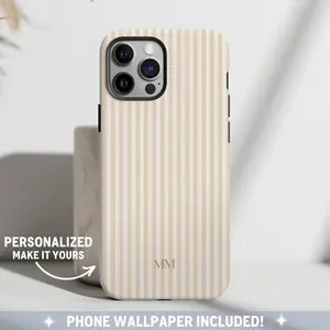 Magsafe Personalized Beige Phone Case, Magsafe Compatible Custom Monogram iPhone Case Aesthetic Brown Striped Phonecase Summer Coastal Phonecase Preppy Phonecase Beachy