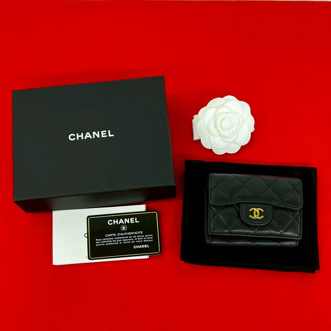 Pre-owned CHANEL Calfskin Small Leather Goods Matelasse Caviar Skin Tri Fold Wallet