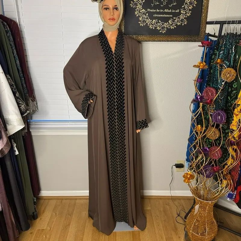 Women's Modest Fashion Chocolate Brown Luxury Abaya - Muslim Clothing, Abaya Fashion, Black Embroidery Details for Special Occasions