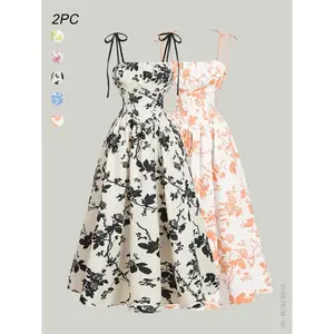 Women's Floral Print Tie Shoulder Cami Fitted Dress, Fashion Casual Sleeveless Spaghetti Strap Dress for Daily Outdoor Wear, Women Dress for Summer