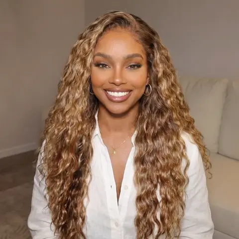 Sunber Water Wave Honey Blonde Highlighted 13x4 Pre Cut Lace Frontal Wig Glueless Human Hair Wigs With Invisi Drawstring Put on and Go SpringStatements summerwins