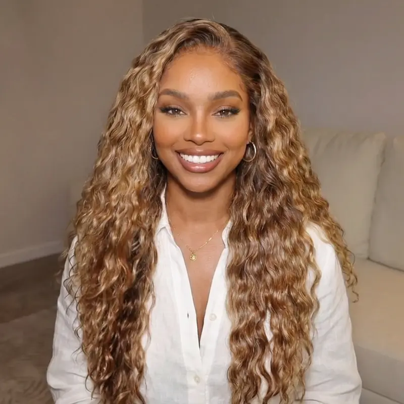 Sunber Water Wave Honey Blonde Highlighted 13x4 Pre Cut Lace Frontal Wig Glueless Human Hair Wigs With Invisi Drawstring Put on and Go SpringStatements summerwins