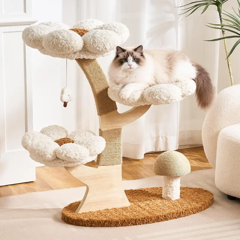 HITTITE Natural Solid Wood Branch Flower Cat Tree - 37"h x 32.3"w x 15.8"l Modern White Cloud Design, Sisal Scratching Post, Mushroom Scratcher, Interactive Squeaky Toy, Wobble-Resistant, 35lb/Level Capacity for Indoor Adult Cats