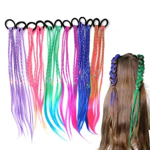 P-HDW020   17 Inch Girls Rubber Bands Hair Extensions for Kids Crazy Hair Day Accessories Colorful Wigs Colored Braids for for Women Girls Hair with Rubber Bands Braided Synthetic Hairpieces Ponytail for 12pcs