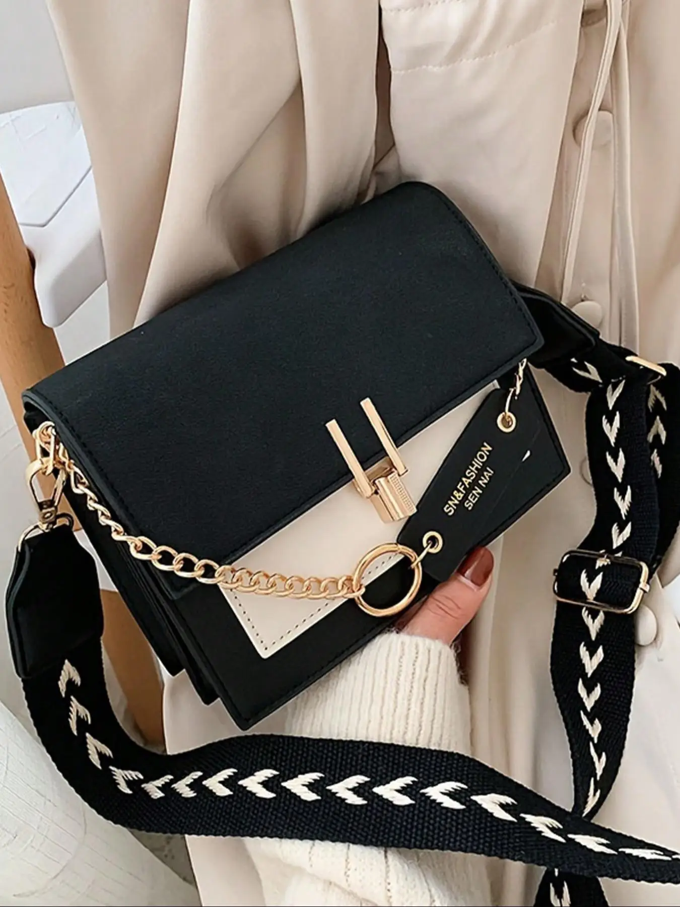Women's Fashion Colorblock Pu Leather Stylish Crossbody Clutch Purse, Casual Versatile Chain Decor Lightweight Shoulder Bag for Daily Used, Trendy All