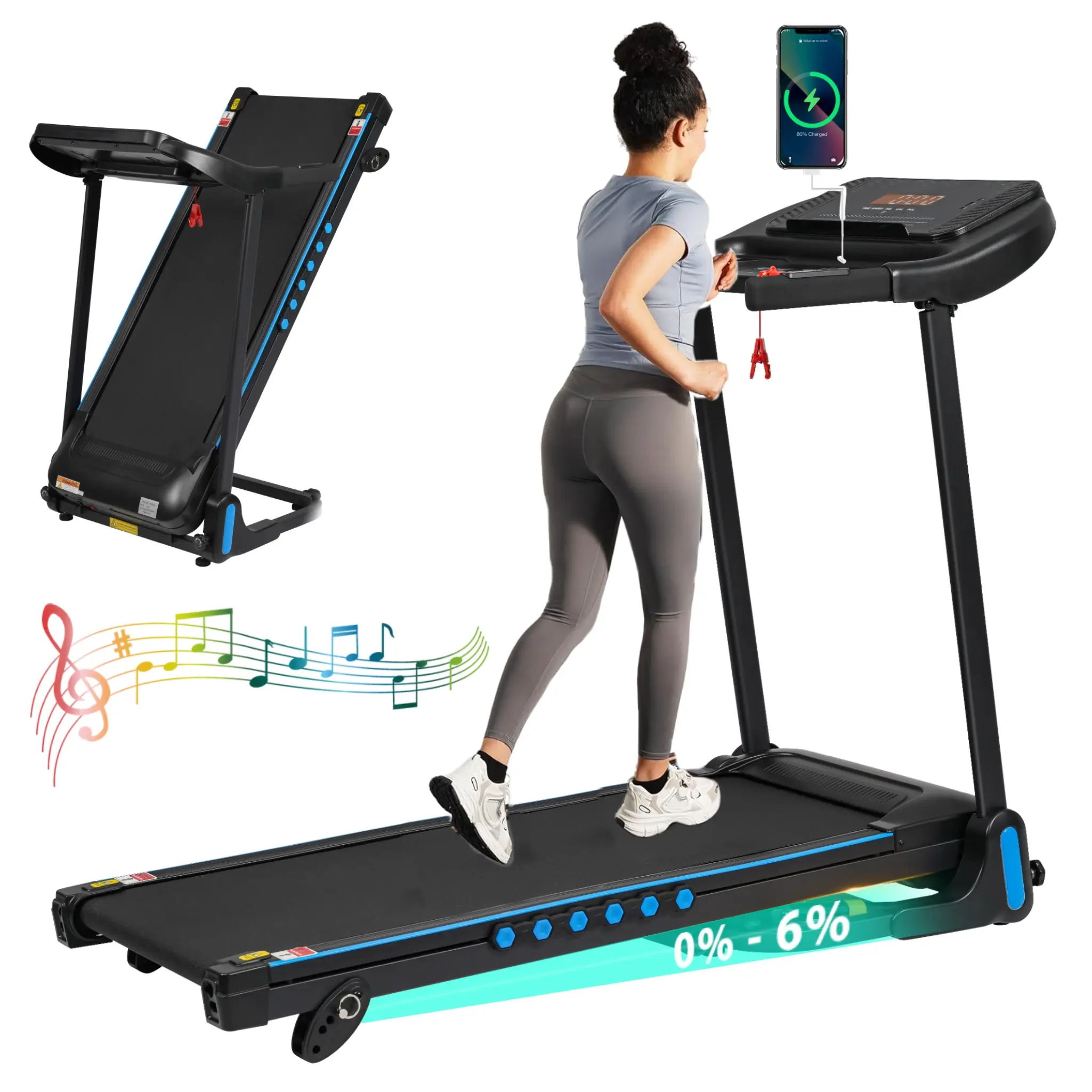 3.0 HP Bluetooth Speaker Treadmill for Home , 350 lbs Capacity, Auto-Folding, Incline, 10MPH, USB/Type C Charging