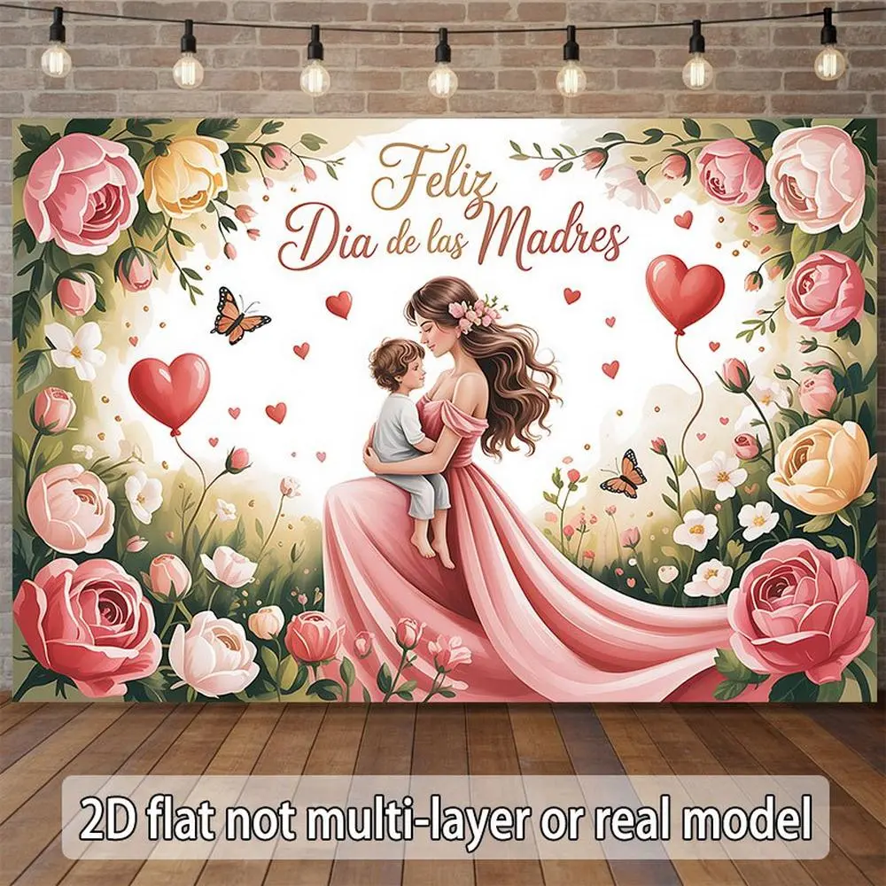 2D Flat Polyester Banner with Flower-Butterfly Surrounded Parent-Child Design, Happy Birthday & Mother's Day Decor, Ideal for Party Backdrops