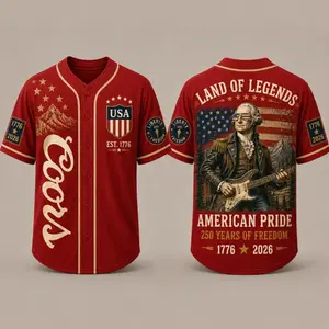 CCOORS Banquet Land of Legends American Pride Baseball Jersey, Patriotic USA Vintage George Washington Guitar Shirt, 250 Years of Freedom Button Up Jersey for Men, 4th of July Streetwear Gift