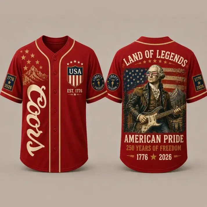 CCOORS Banquet Land of Legends American Pride Baseball Jersey, Patriotic USA Vintage George Washington Guitar Shirt, 250 Years of Freedom Button Up Jersey for Men, 4th of July Streetwear Gift