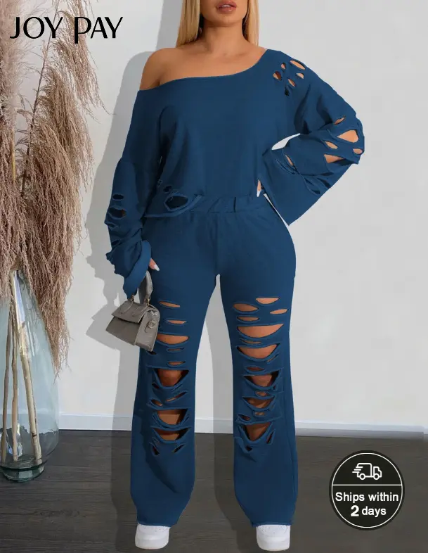 JOYPAY Lady Casual Ripped Lounge Set, Women's 2-Piece Off-Shoulder Crew Neck Long Sleeve Polyester Top and Pants Outfit, Pajama Set, Nightwear, Longsleeves, Fabric, Knit, Solid, Minimalist, Below Ankles, Basic, Loungewear, Soft, Elastane, Machine Wash, Mi