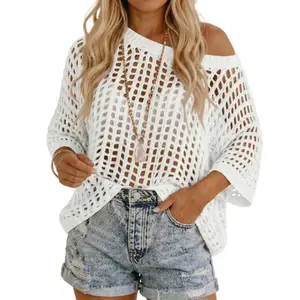Women's Crochet Hollow Out Knit Top Sexy Oversized Mesh Net Sweater Casual Off the Shoulder Raglan Sleeve Summer Beach Cover Up Knitwear Womenswear,Beach cover-up, thin bikini, sexy sweater for women