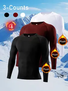 Men's Fleece Lined Sports T-Shirts, 3 Pack Plain Pullover Sweatshirts, Running Fitness Compression Tops for Winter Indoor Outdoor Activities