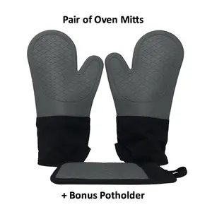 Silicone Oven Mitts and Pot Holder Set, Heat Resistant, Cook, Bake, BBQ, Pack of 3 Gre