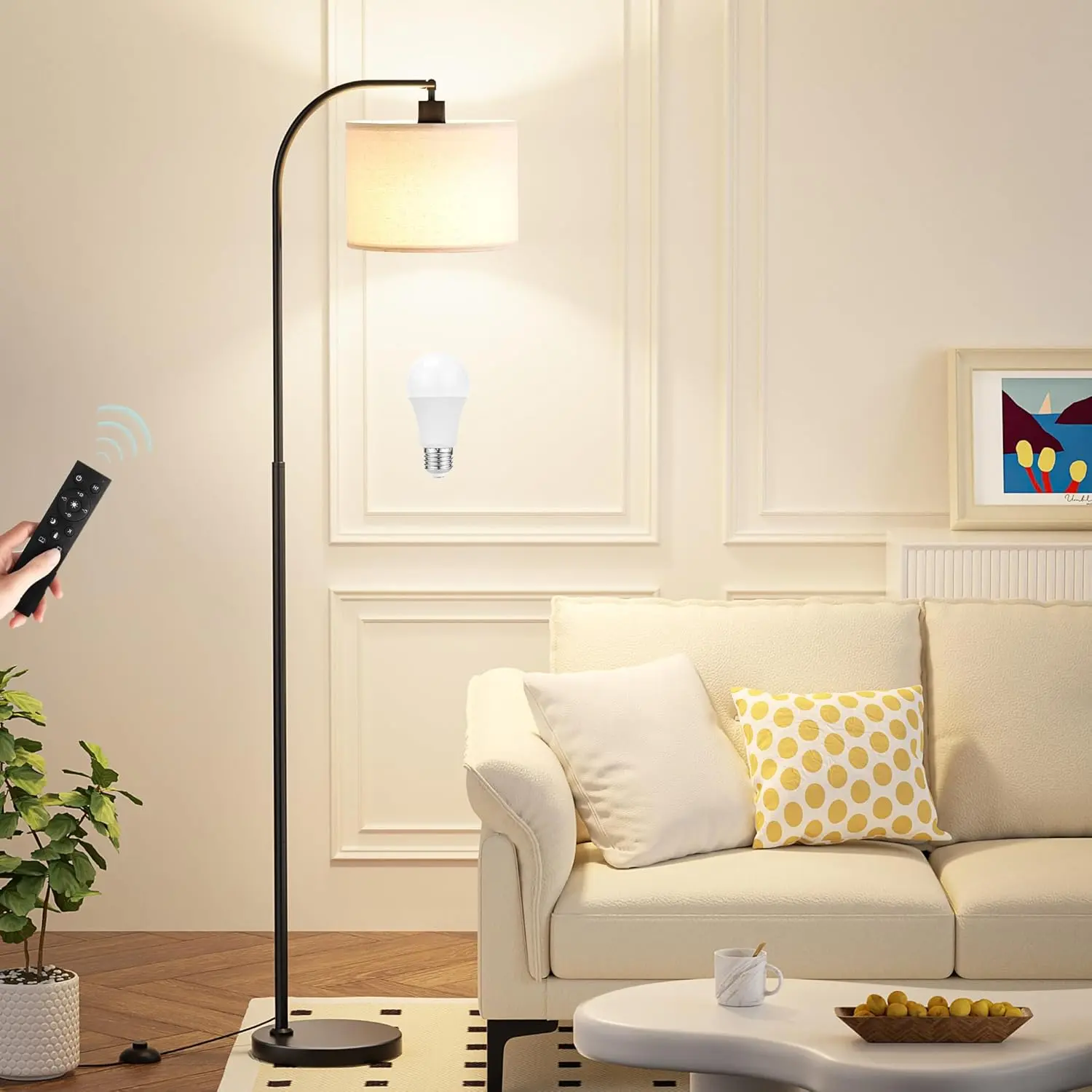Arc Floor Lamp with Remote Control, Stepless Dimmable Bulb, Adjustable Color Temperature & Brightness, Living Room Decor Floor Lamp (Deep Beige Shade - Black Pole)