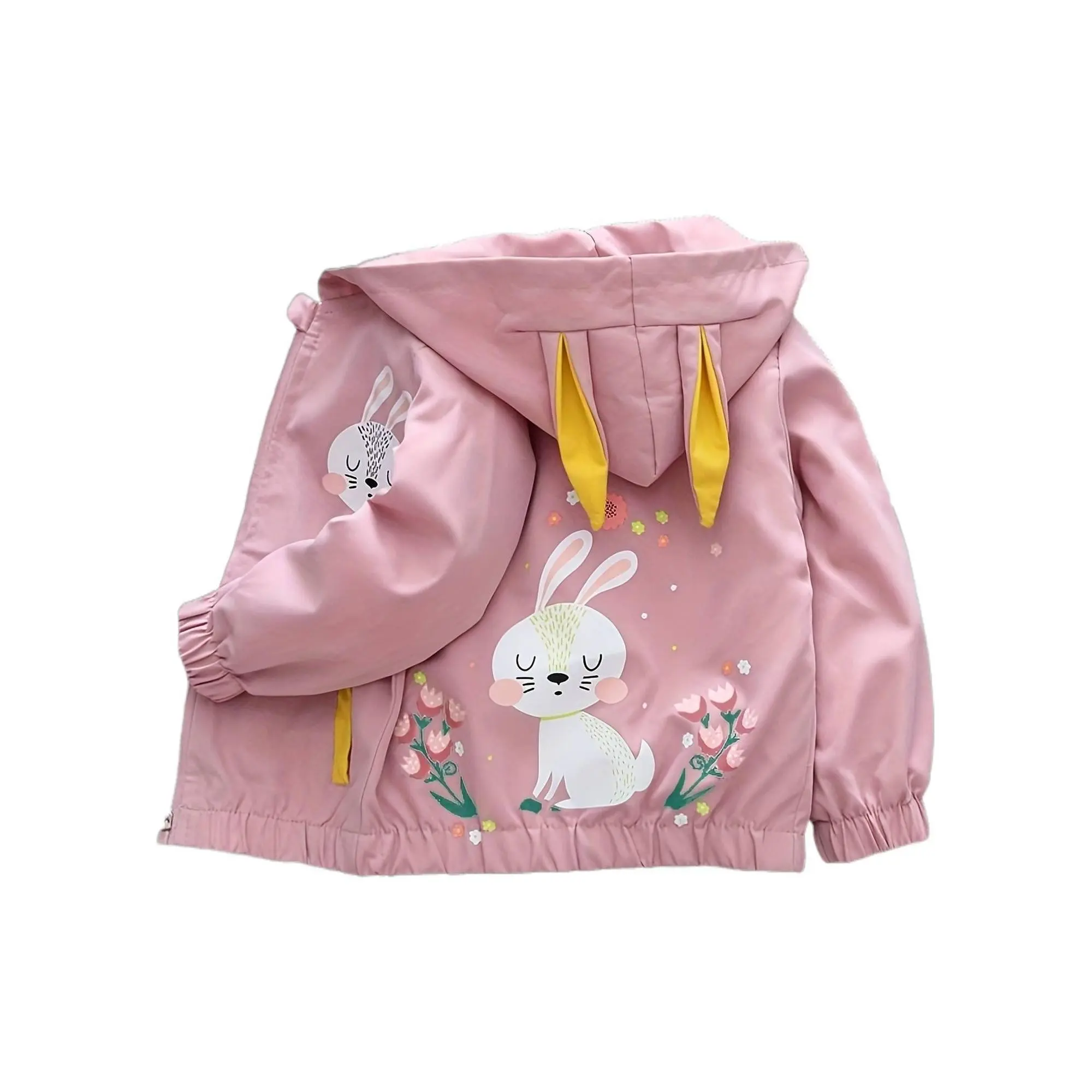 Girls' Casual Hooded Jacket with Cartoon Bunny Print, Lightweight Polyester Coat with a Zip-Up Front and Relaxed Cut for Spring & Fall, Polyester Clothes, Loose Fit