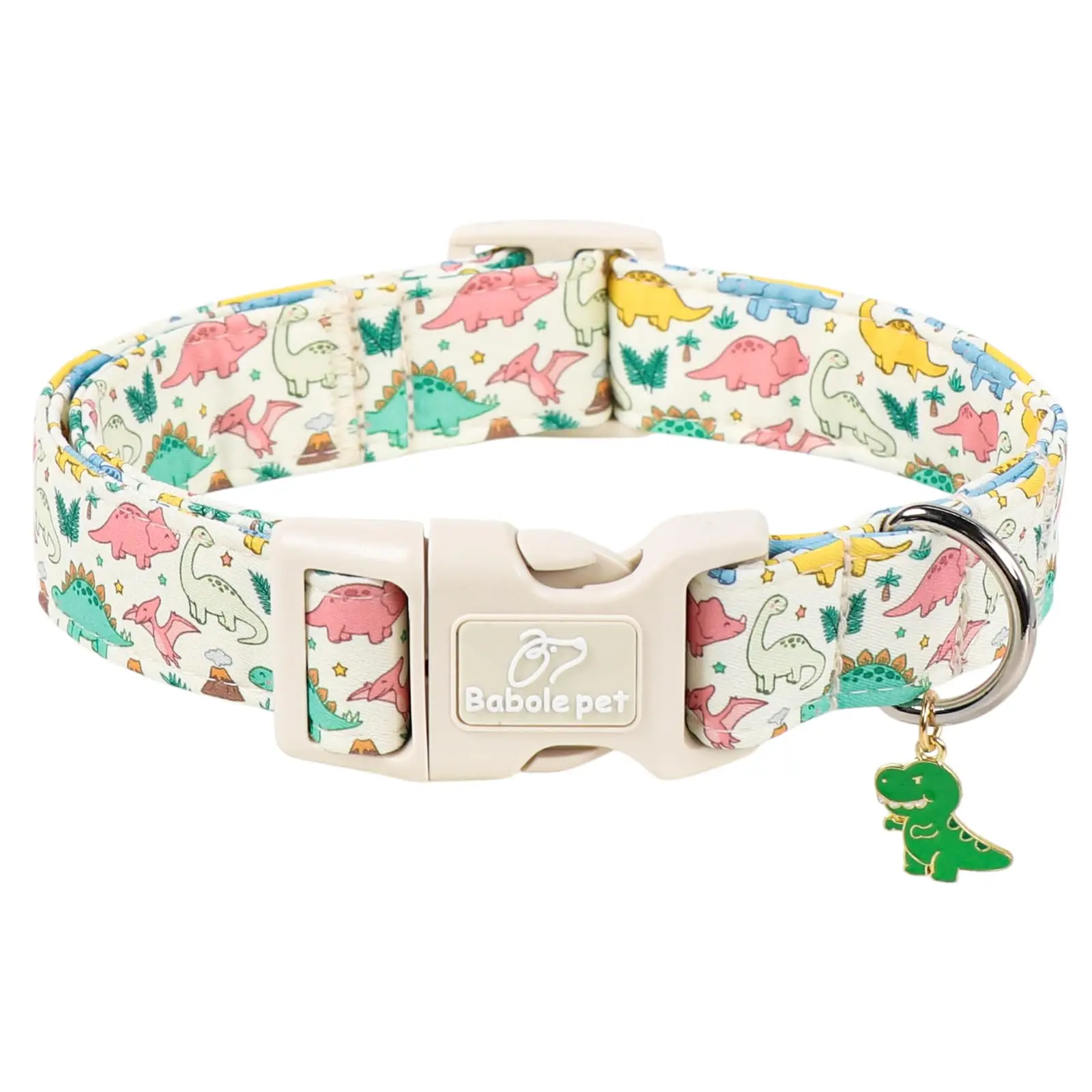 Babole Pet Dinosaur Dog Collar with Cute Charms for Small, Medium & Large Dogs, Adjustable Cotton Quick-Release Buckle Accessory for Male Female Dogs