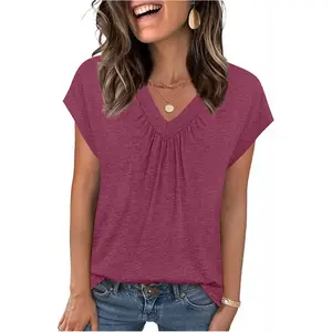 EncoLax Womens Tops Short Sleeve V Neck T Shirts 2026 Spring Summer Beach Vacation Clothes Casual Loose Ruched Top