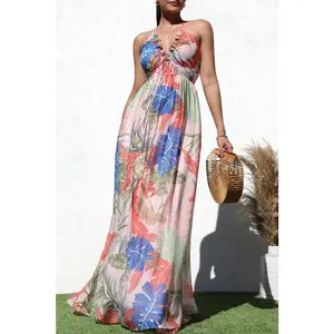PRINTED V NECK WOVEN MAXI DRESS
