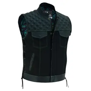 Men’s Black Denim Motorcycle Vest – Green Diamond Quilted SOA Style Biker Vest with Side Laces, Zipper Snap Closure & Multi Pockets