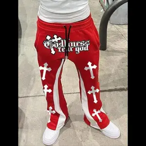 Men's Cross & Letter Print Drawstring Waist Flare Leg Sweatpants, Street Fashion Casual Regular Fit Pocket Trousers for Daily Wear, Men's Bottoms for All Seasons