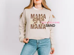 Tan checkered mama with bow sweatshirt-GILDAN