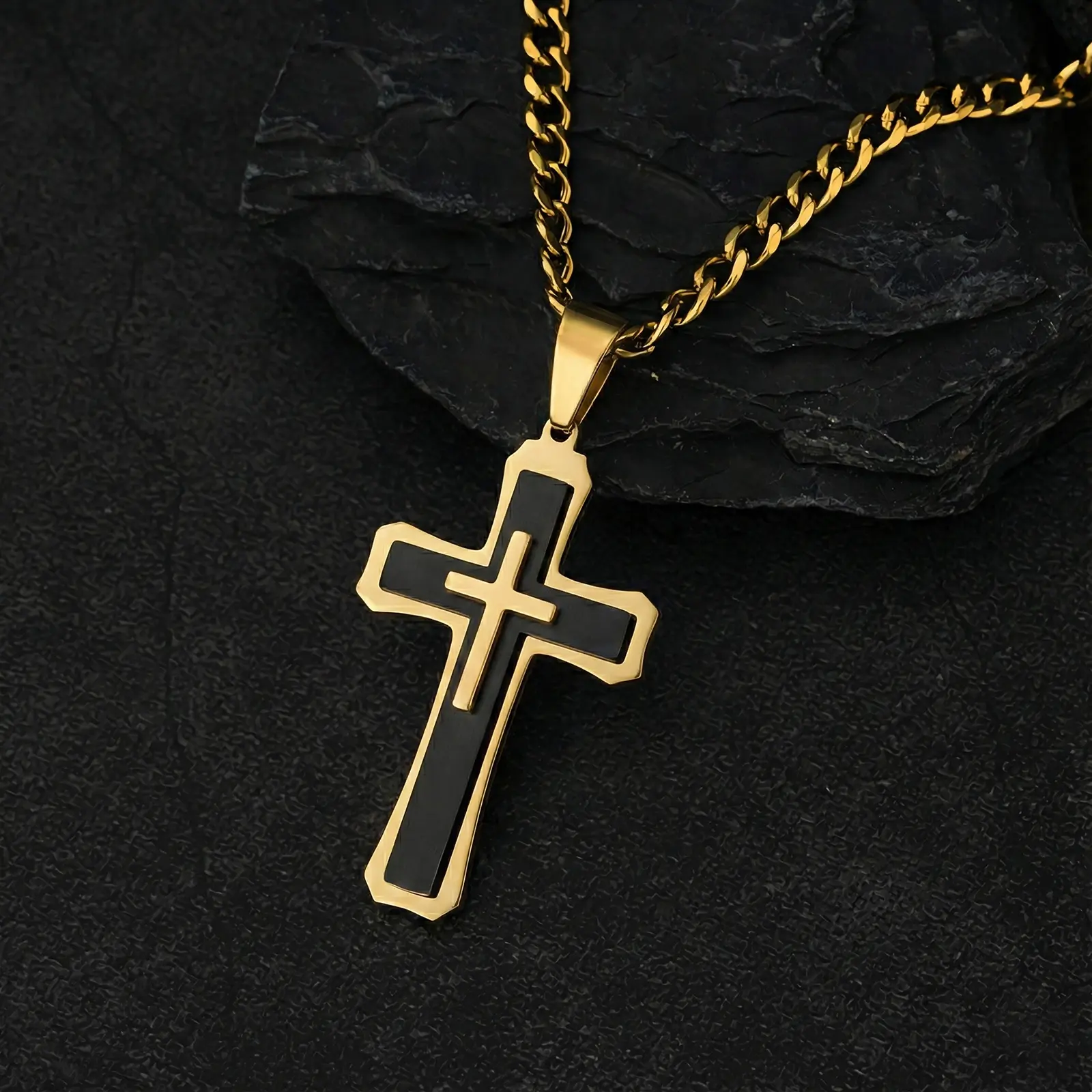 Three-layered 3D Cross Necklace for Men Heavy Duty 5mm Cuban Link Chain Streetwear Essentials Perfect Christmas Gift