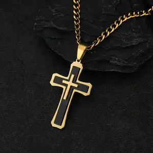 Three-layered 3D Cross Necklace for Men Heavy Duty 5mm Cuban Link Chain Streetwear Essentials Perfect ChristmasGift