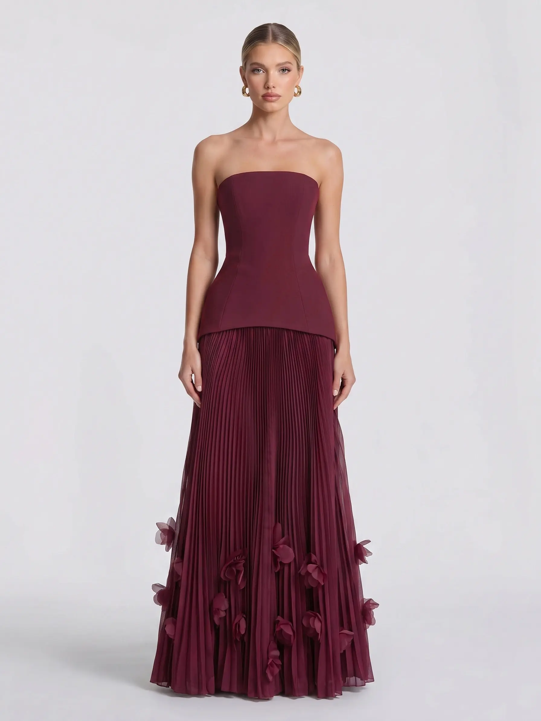 LikeMyChoice Strapless Peplum Pleated Maxi Gown 3D Floral Hem Formal Evening Dress For Women Wedding Guest