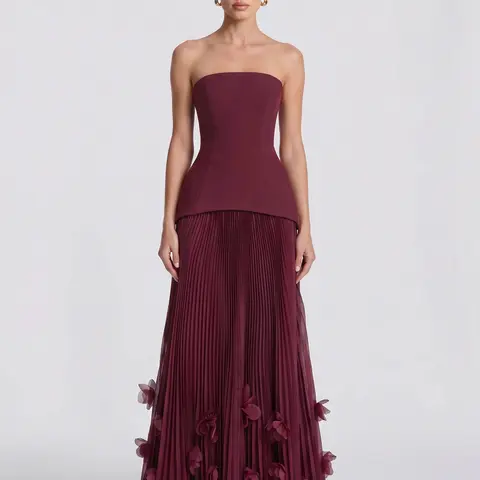 LikeMyChoice Strapless Peplum Pleated Maxi Gown 3D Floral Hem Formal Evening Dress For Women Wedding Guest