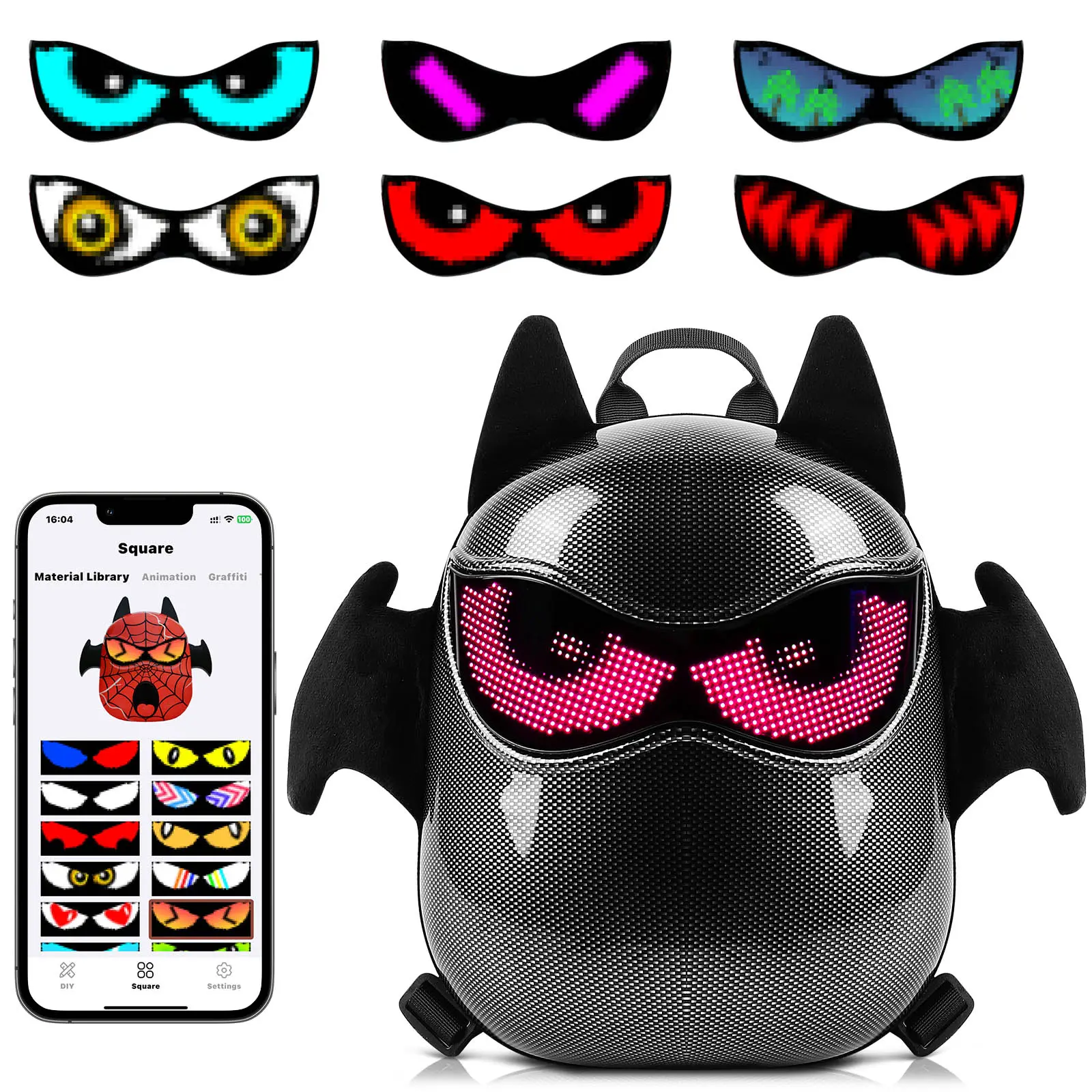 Bat Model LED Backpack,Backpack with LED Eyes,Programmable Screen,App Control DIY LED Bag Gifts for Kids devil eye led light summerwins