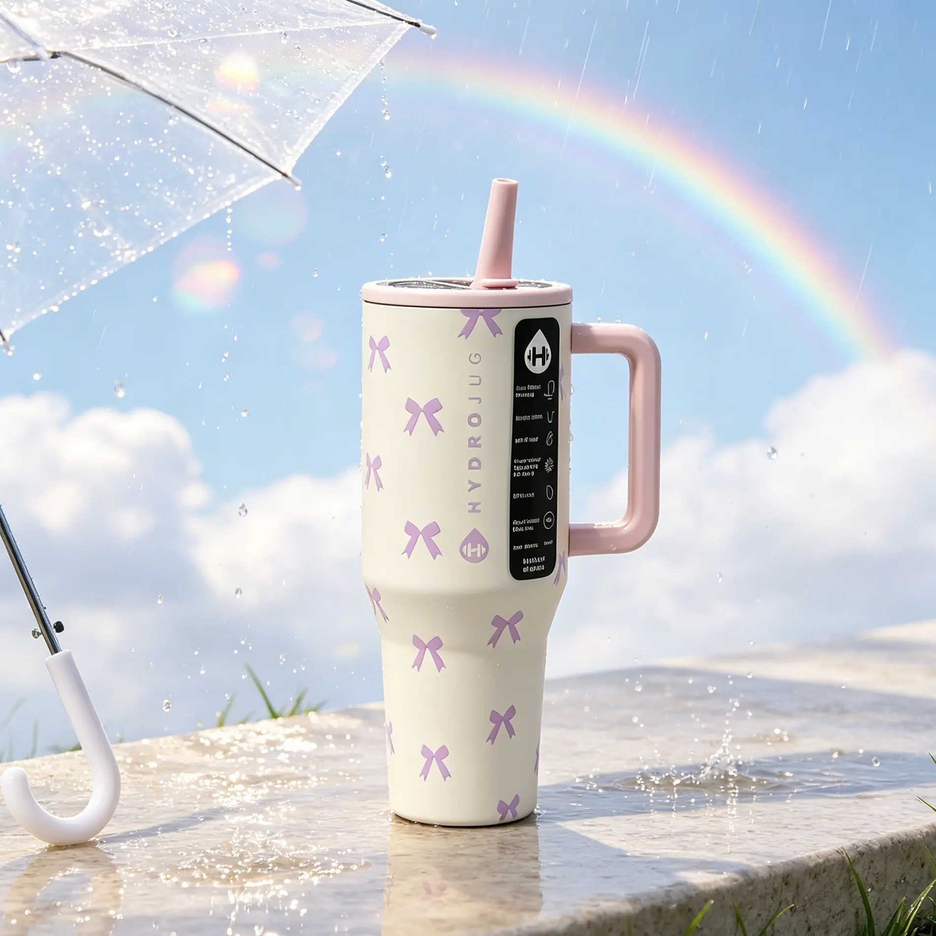 HydroJug 40oz Bow Print Tumbler with Handle & Straw, Insulated Stainless Steel Travel Mug, Leakproof Reusable Water Cup for Car, Office, Outdoor Sports, Flasks, Stylish, Leak-Proof