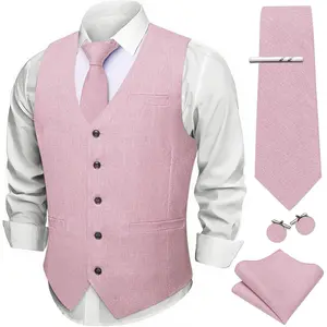 Barry.Wang Mens Suit Vest Tie Set Linen V-neck Waistcoat Clip Hanky Cufflinks Vintage Tuxedo Casual Wedding Business 5PCS