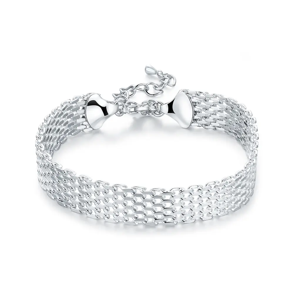 925 Pure Silvery Dense Mesh Band Bracelet 20cm/7.87in, Vintage Boho Victoria Style Bangle with Heart Toggle Clasp, Wavy Scalloped Edges, Highly Reflective Polished Finish, Hypoallergenic Nickel‑Free Luxury Silver Bracelet, Easter Gift for Adult Women
