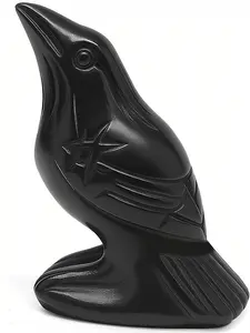1 Count Raven Statue Natural Stone, Crow Figurine Decor Sculpture, 2 Inch Creative Bird Crystal Ornament Black Obsidian/Yooperlite Stone, U-V Reaction, Lucky Healing Guardian Animal Pocket Figure for Office Home Decoration Women Gifts