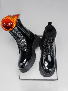 Men's Large Size High-Top Boots, British Style Shiny Leather Shoes, Winter Thick Sole Warm Cotton Padded Booties