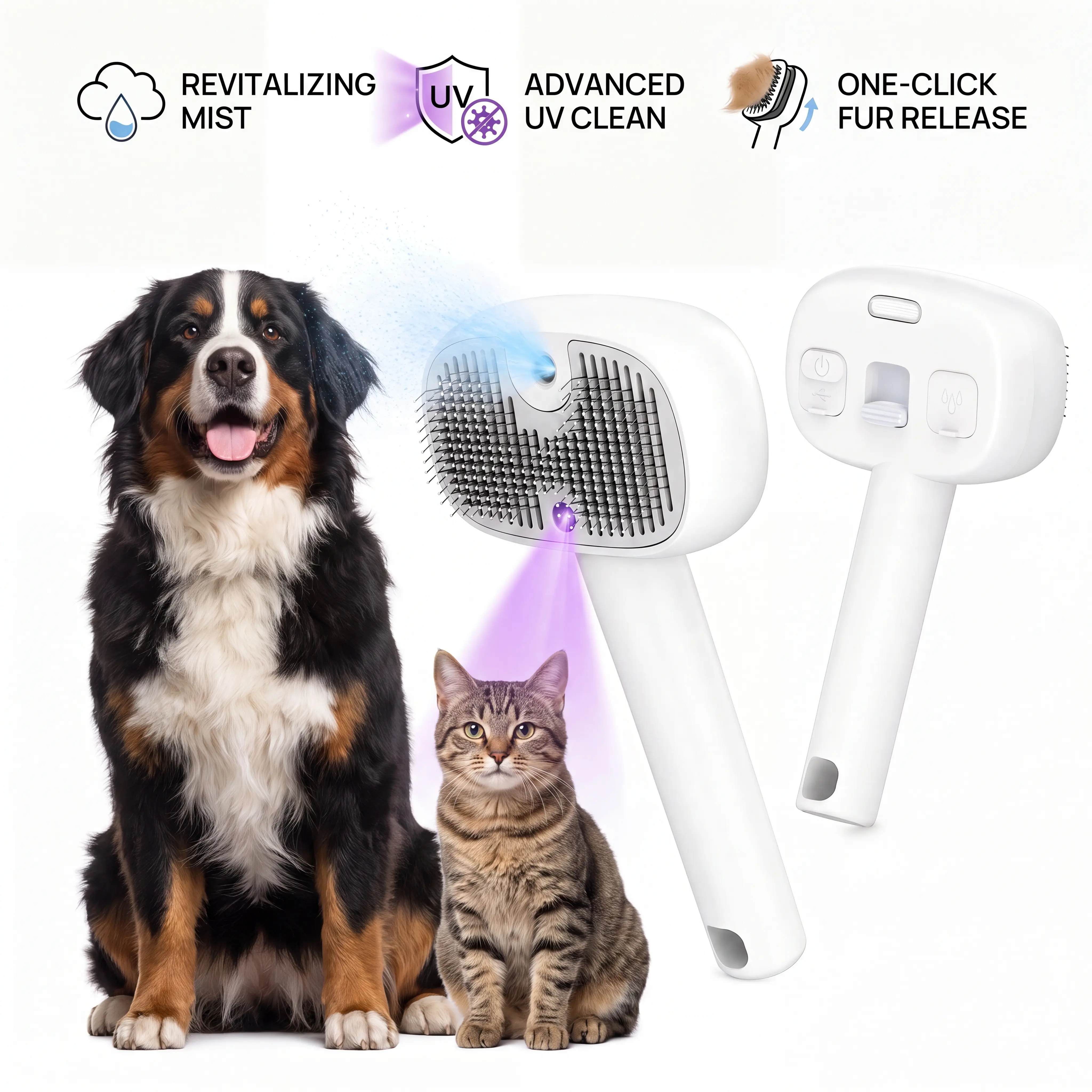 3-in-1 UV Clean Pet Grooming Brush for Cats & Dogs - Anti-Static, 38ml Tank, Skin-Safe Steel Tips, Moisturizing, Shiny Coat, Professional Hair Care Tool to Reduce Flying Hair