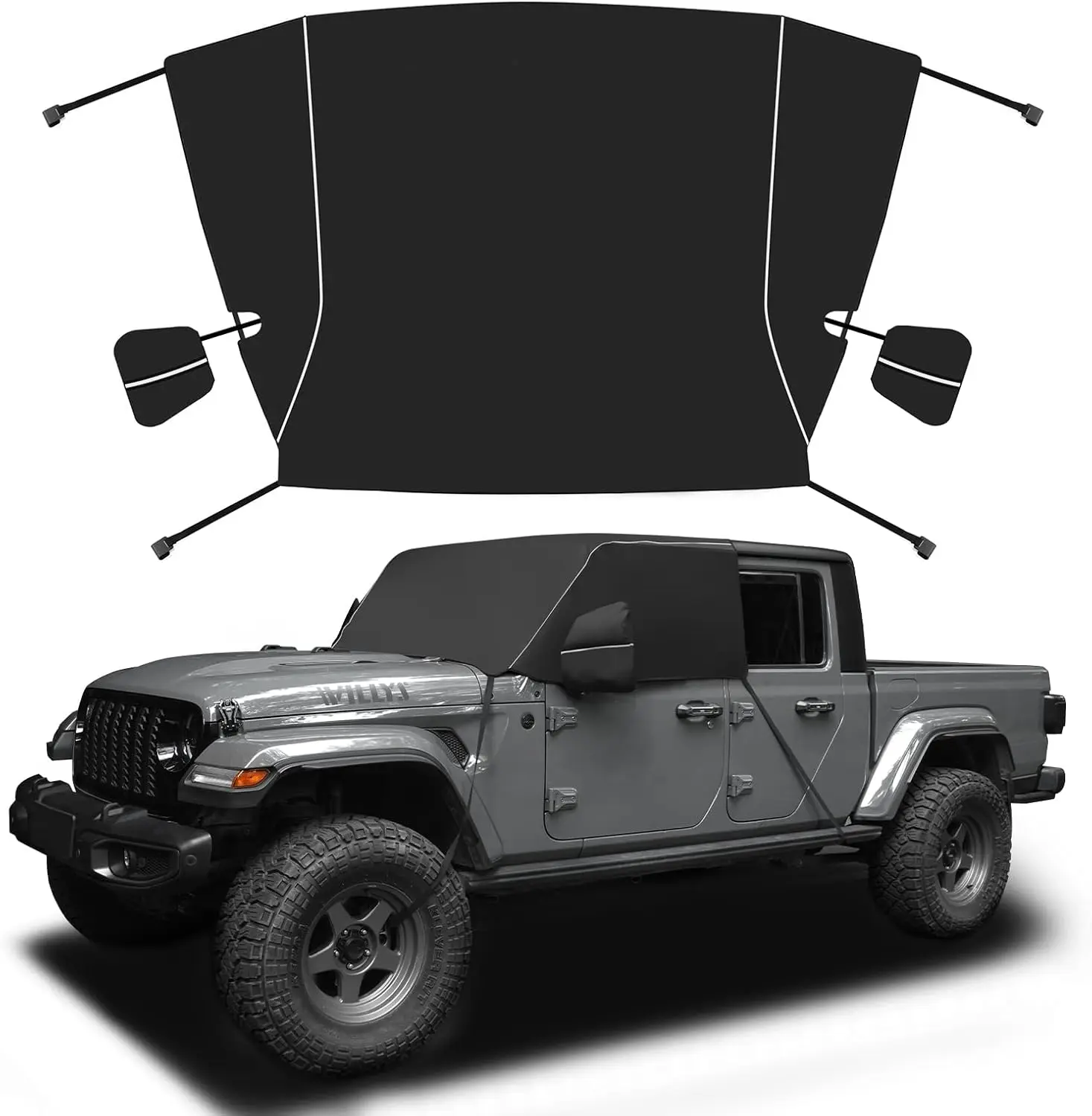MAIKER Windshield Cover Car Accessory, 600D Oxford Fabric, Front Side Window & Mirror Snow & Frost Protector, Compatible with 2007-2018 Jeep Wrangler JK