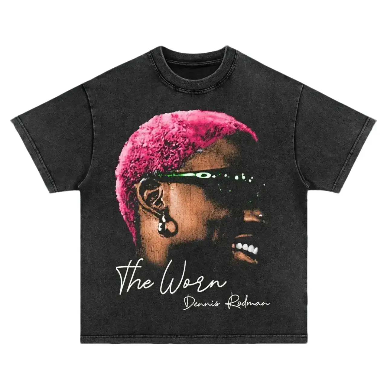 Men's Vintage Dennis Rodman Print Standard US Oversized Boxy Fit Round Neck Heavyweight Ribbed T-Shirt - 90s Retro Streetwear Acid Washed Black Short-Sleeve Basketball Casual Clothes, Pink Graphic Tee