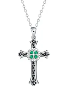 Silver Color Four-Leaf Clover Lucky Cross Pendant Necklace, Stainless Steel Casual Jewelry for All Seasons, Unique Design