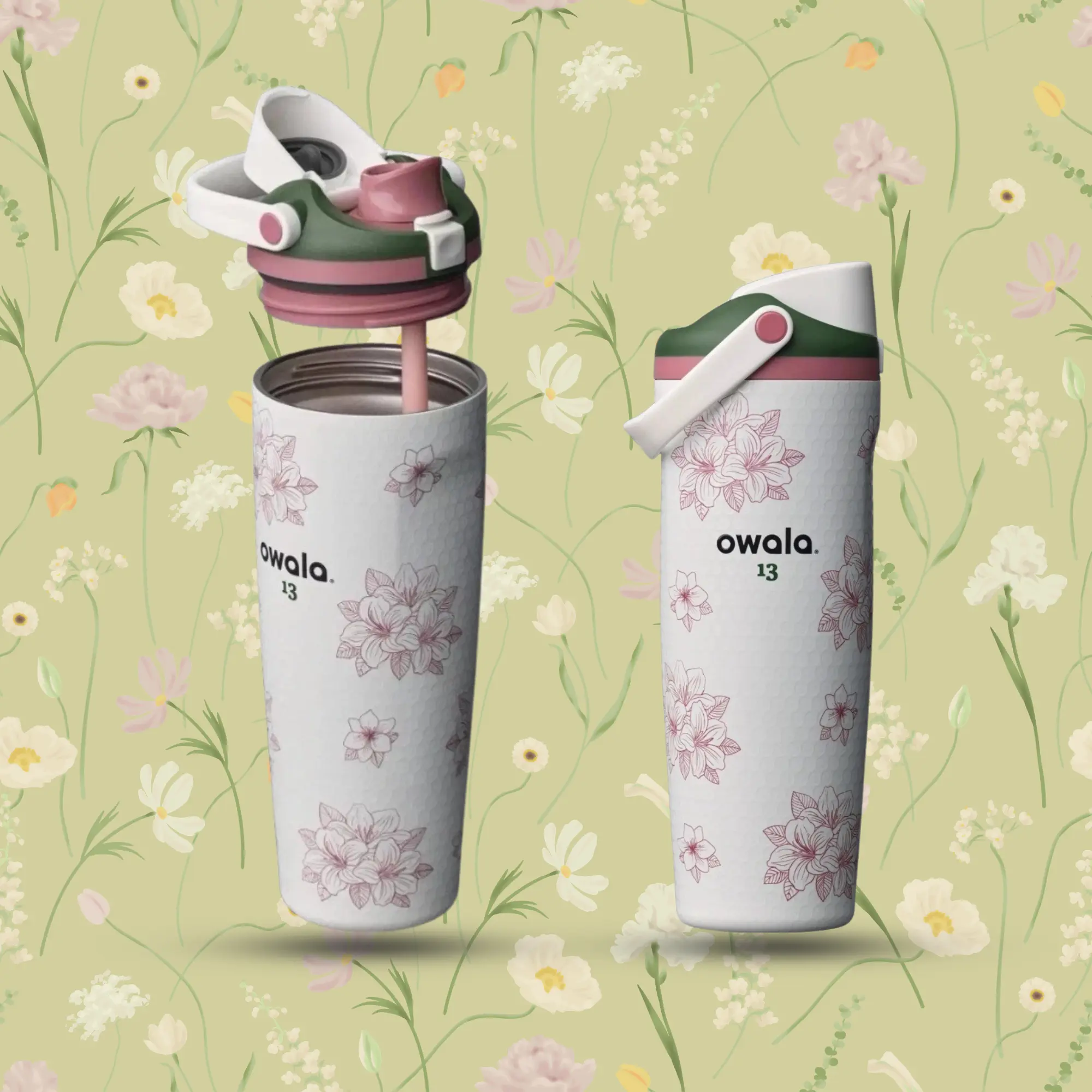 Owala Zalea Travel Stainless Steel Insulated Water Bottle FreeSip 32oz, Leak-Proof Travel Tumbler with Built-in Straw, Trendy Bloom Style Print Design