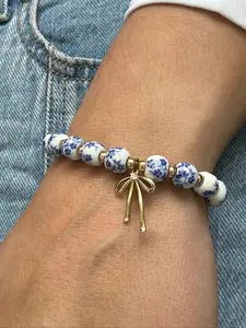 Women's Floral Vintage Blue & Porcelain Beaded Bracelet, Handmade Stretch Design, Beads, Perfect Gift for Her