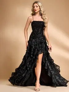 Ceremony Sense Sequin Jacquard Wedding Toast Dress, Dark Luxury Formal Mermaid Slit Red Carpet Evening Prom Gown, Romantic Elegant Multi-Layer Ruffle High-End Bachelorette Party Dress