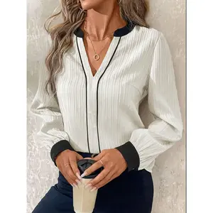 Women's Colorblock Print Notched  Neck Blouse, Casual Elegant Long Sleeve Top for Daily Wear, Ladies Clothes for All Seasons
