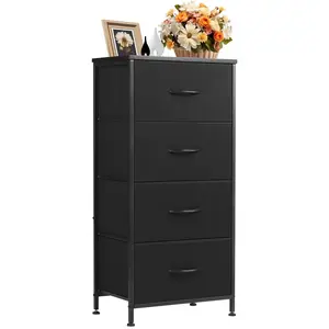 CONCETTA 4 Drawer Dresser, Wide Chest Drawers Nightstand Storage Tower Storage Fabric Dresser With Wood Top for Living Room, Bedroom, Closet, Black