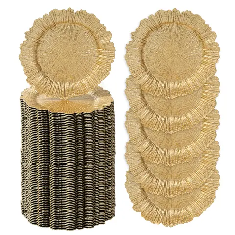 100PCS Gold Charger Plates - 13" Round Reef Plate Chargers Bulk | Gold Plate Chargers for Dinner Plates, Reef Charger Plates Bulk Wedding, Plastic Table Chargers for Party, Banquet, Christmas