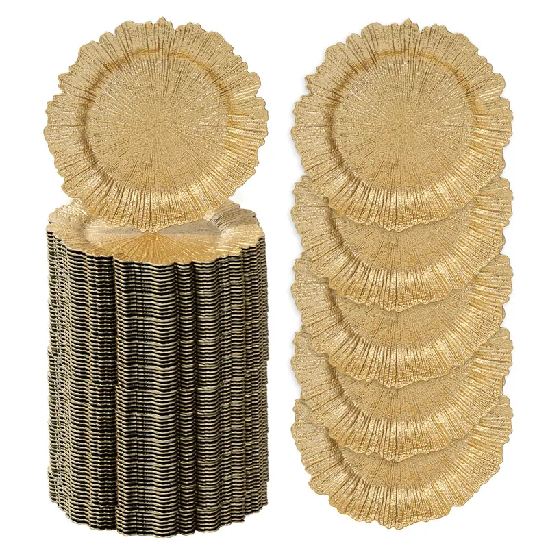 100PCS Gold Charger Plates - 13" Round Reef Plate Chargers Bulk | Gold Plate Chargers for Dinner Plates, Reef Charger Plates Bulk Wedding, Plastic Table Chargers for Party, Banquet, Christmas