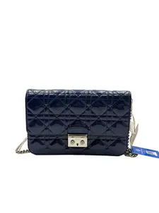 Pre-owned Dior france Crossbody Bags H2pre owned New Lock Series Dark Blue Patent Leather Diamond Plaid Chain Bag (WOC)H16903