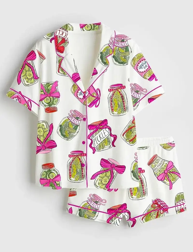 Women's Pickle Print Satin Pajama Set, Short or Long Sleeve 2-Piece Sleepwear & Loungewear