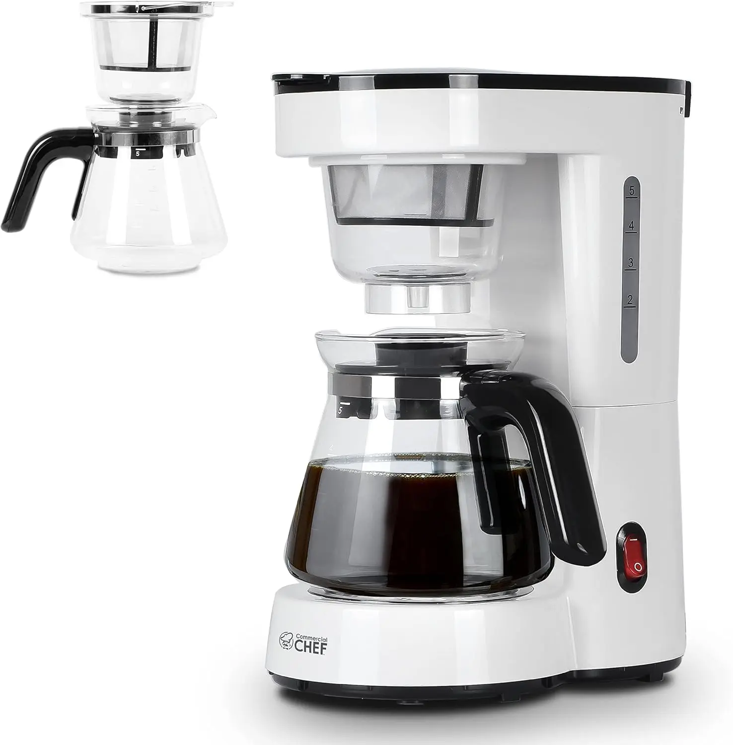 Commercial Chef 5-Cup Small Drip Coffee Maker with 0.75L Water Tank, Drip Coffee Maker with Pour Over Filter, Glass Carafe, Brews in 6 Minutes, CHCP05W, White